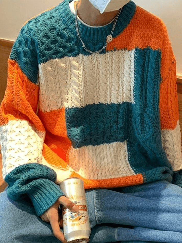 Men's Color Block Cable Knit Sweater