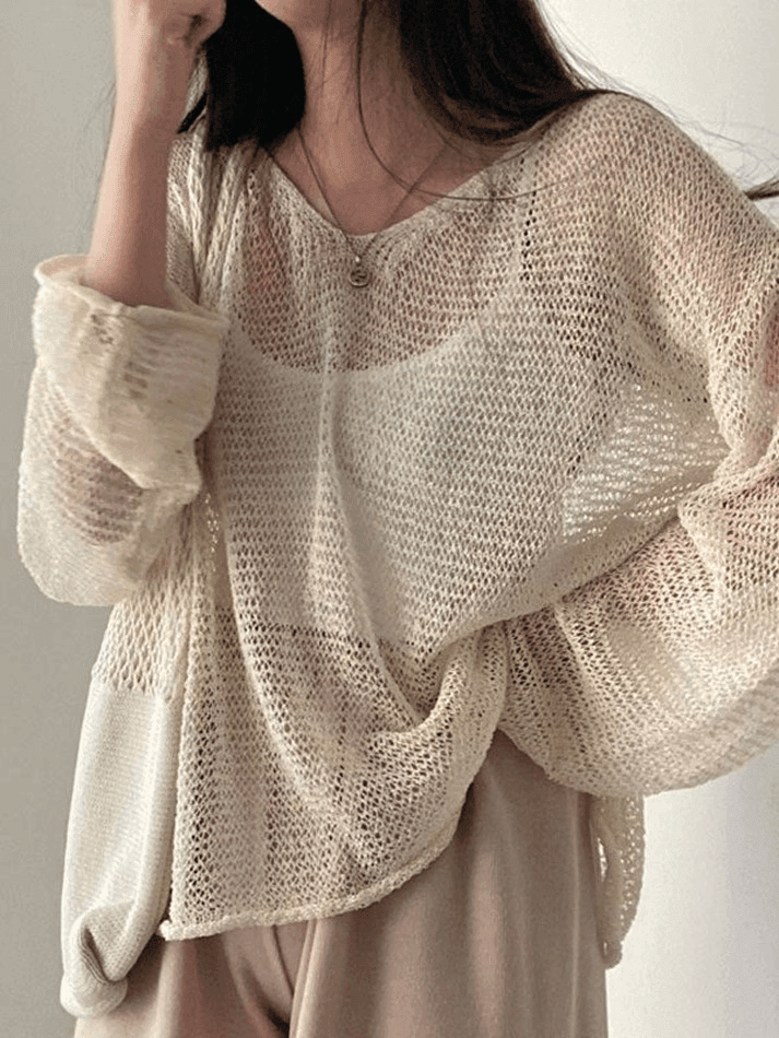 Oversized Long Sleeve Crochet Knit Top - HouseofHalley