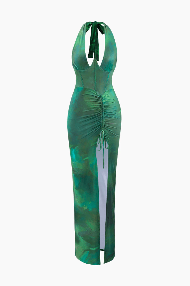 Printed Halter Corset Drawstring Slit Midi Dress - HouseofHalley