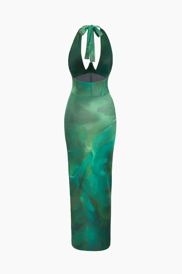 Printed Halter Corset Drawstring Slit Midi Dress - HouseofHalley