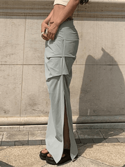 Ruched Split Y2K Long Cargo Skirt - HouseofHalley