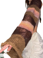 Short Contrast Color Stripe Flare Sleeve Crochet Top