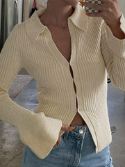Solid Color Ribbed Flare Design Long Sleeve Shirt - HouseofHalley