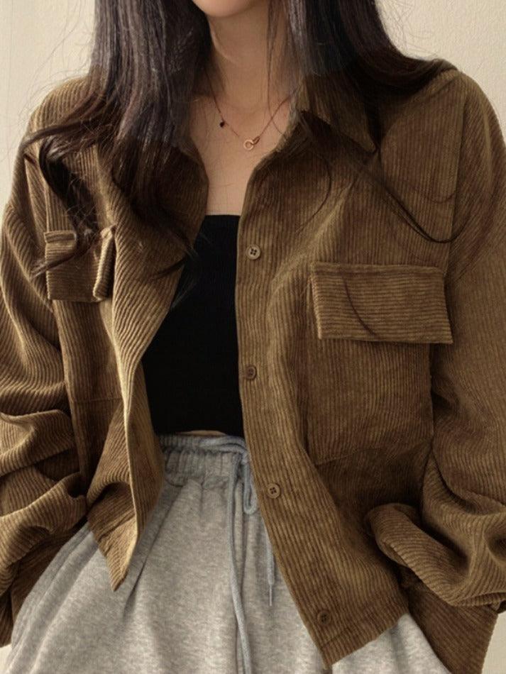 Vintage Corduroy Lapel Neck Button Long Sleeve Blouse