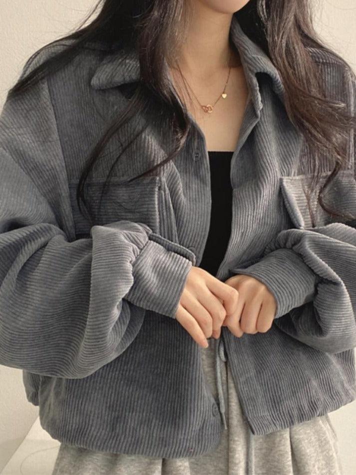 Vintage Corduroy Lapel Neck Button Long Sleeve Blouse