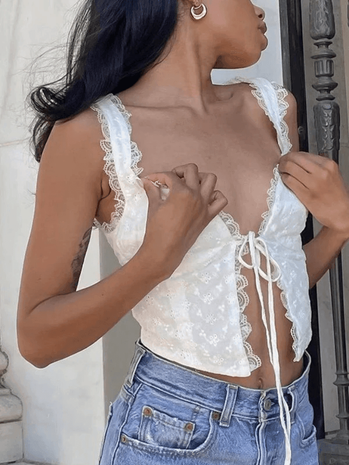 White Tie Front Lace Cropped Tank Top - HouseofHalley