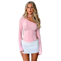 Skew Collar Long Sleeve Crop Tops