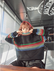 Cute Rainbow Striped Print Knit Sweater