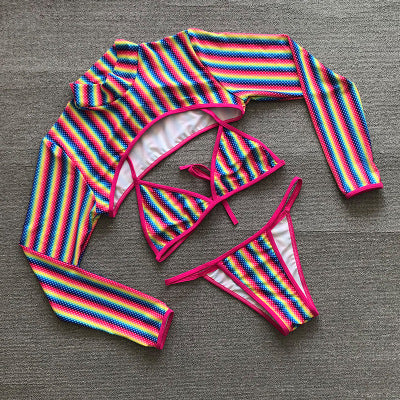 Rainbow Striped Three-Piece Bikini