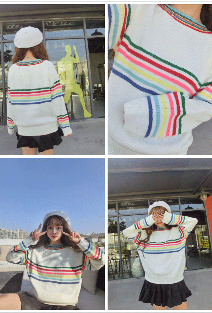 Cute Rainbow Striped Print Knit Sweater