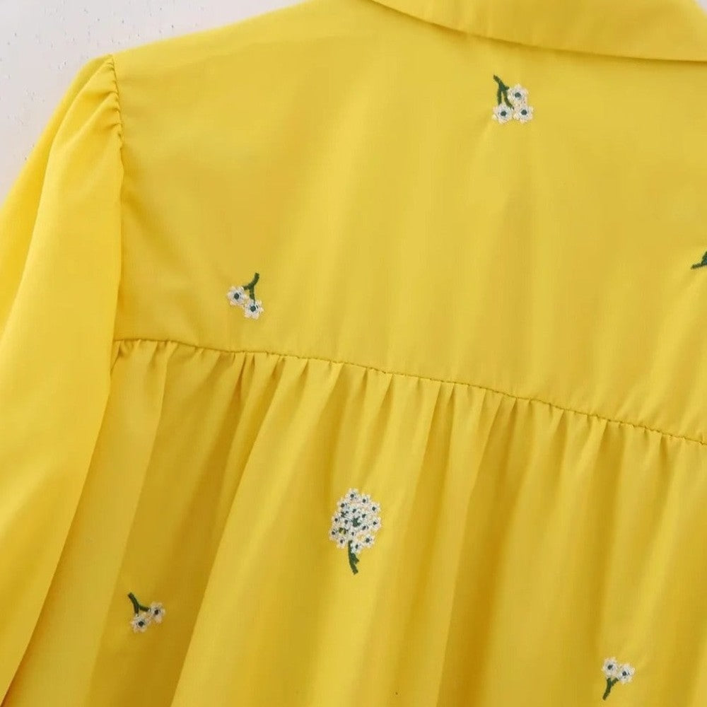 Vintage Floral Embroidery Button-Up Smock Dress