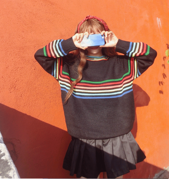 Cute Rainbow Striped Print Knit Sweater