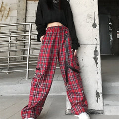 Retro Red Loose Plaid Pants