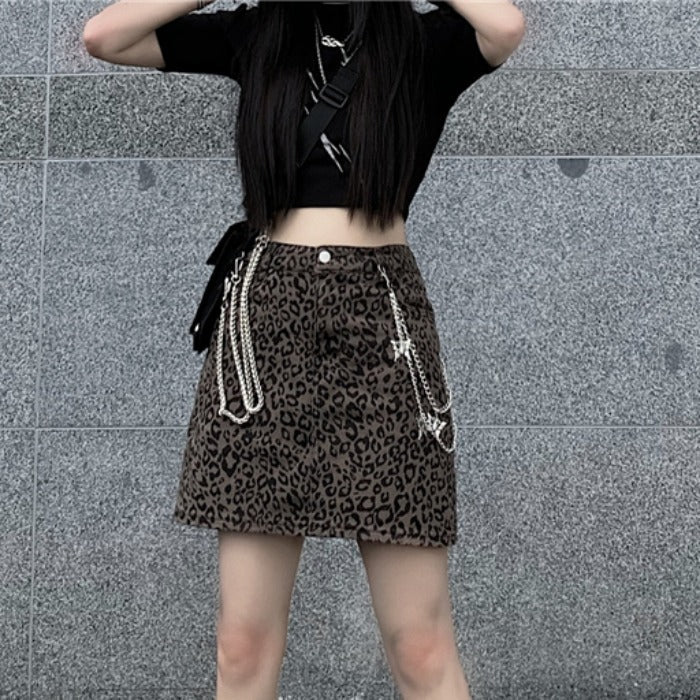Leopard Print Chain High Waist Skirt