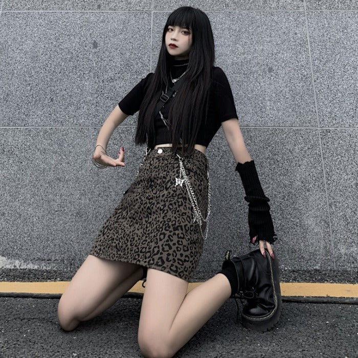 Leopard Print Chain High Waist Skirt