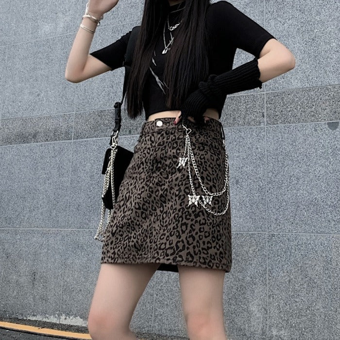 Leopard Print Chain High Waist Skirt