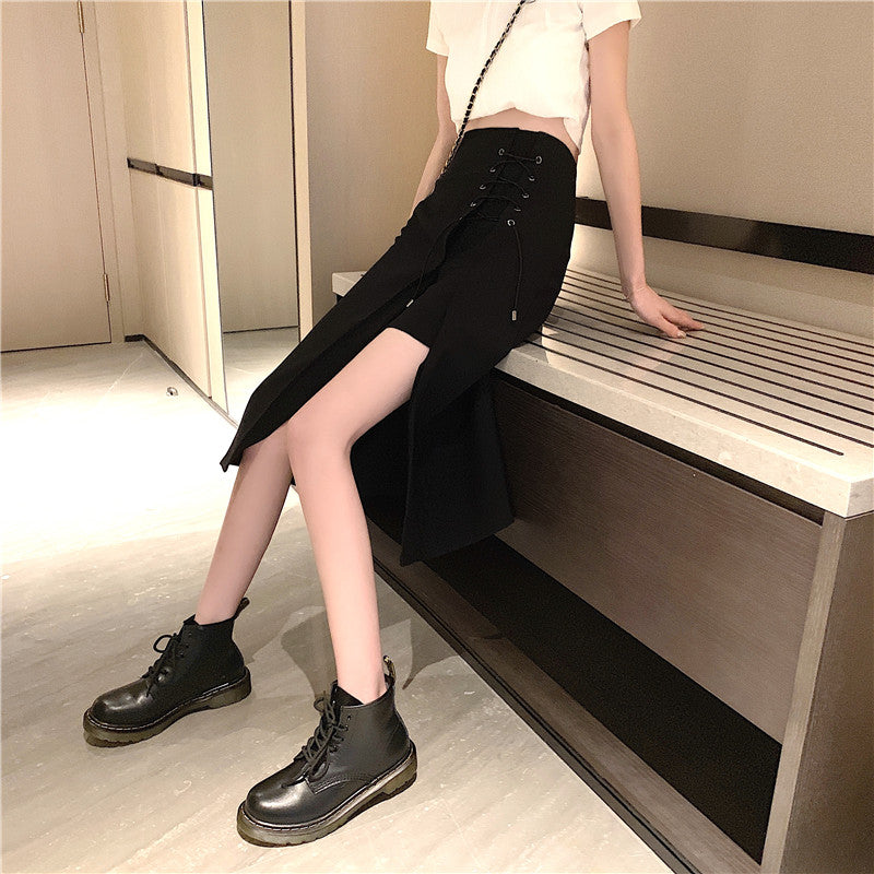 Irregular Black High Waist Mid-length A-line Skirt