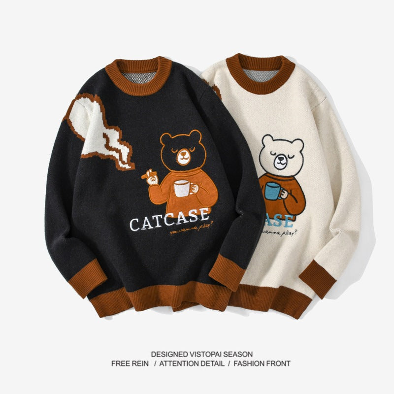 Bear Embroidered Knitted Oversize Sweater