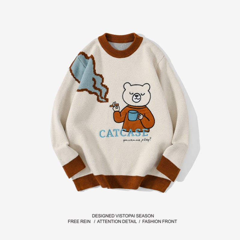 Bear Embroidered Knitted Oversize Sweater