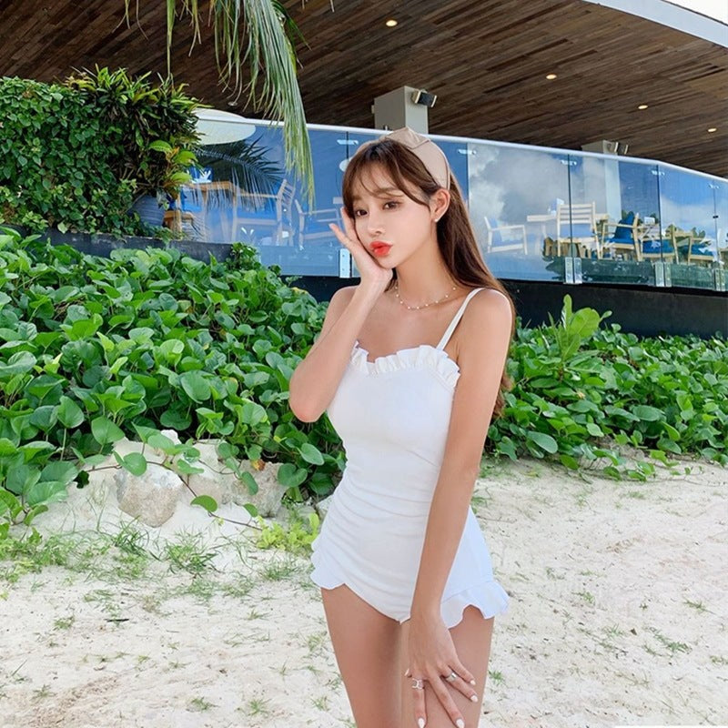 Solid Color Ruffled Thin One-Piece Open Back Swimsuit