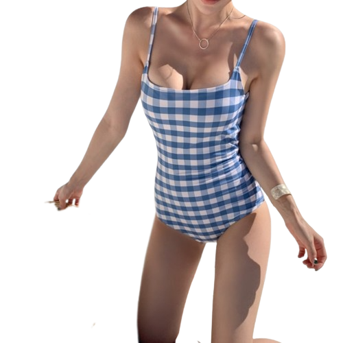 Blue and White Squares Low Cut One-Piece Swimsuits