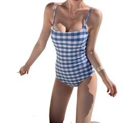 Blue and White Squares Low Cut One-Piece Swimsuits