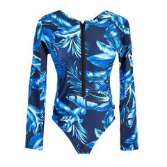 Blue Leaves Swimwear With Zipper