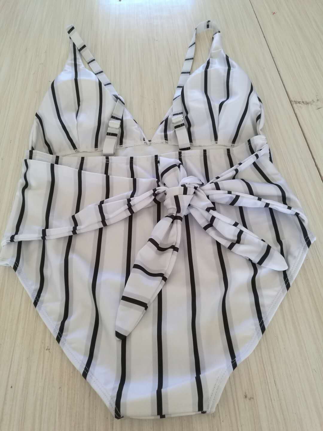 White Black Stripes Deep V-neck Open Back One-Piece Swimsuit