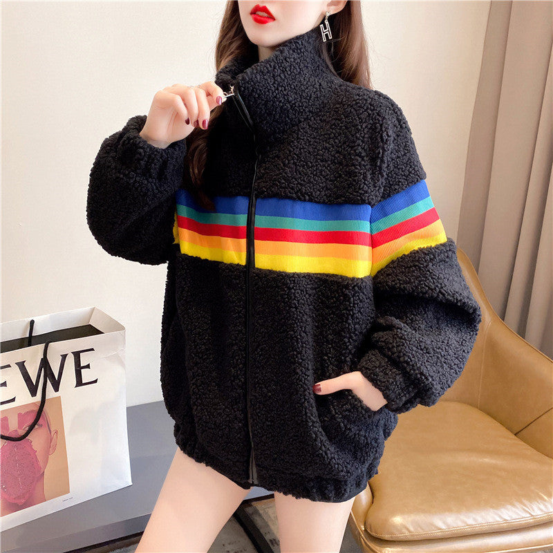 Rainbow Zipper Loose Fleece Coat