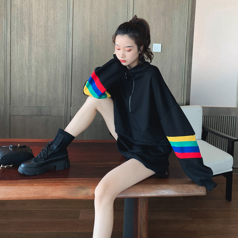 Rainbow Stand-Up Collar Loose Sweatshirt