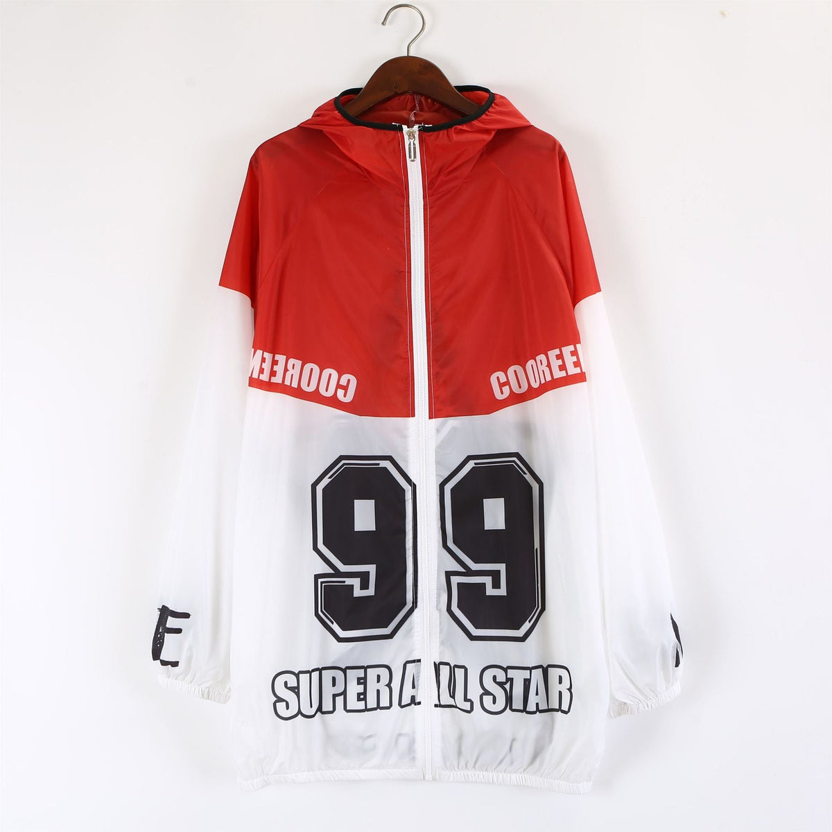 Red and White Contrast Color Long Sunscreen Hooded Jacket