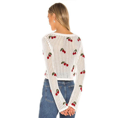 Sweet Cherry Embroidery Crochet V neck Top Cardigan