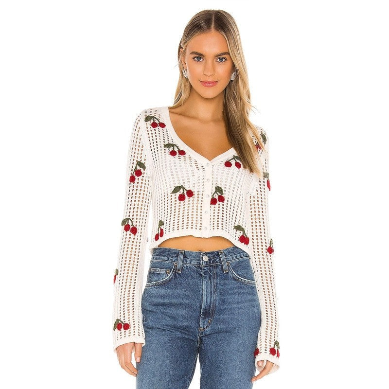 Sweet Cherry Embroidery Crochet V neck Top Cardigan