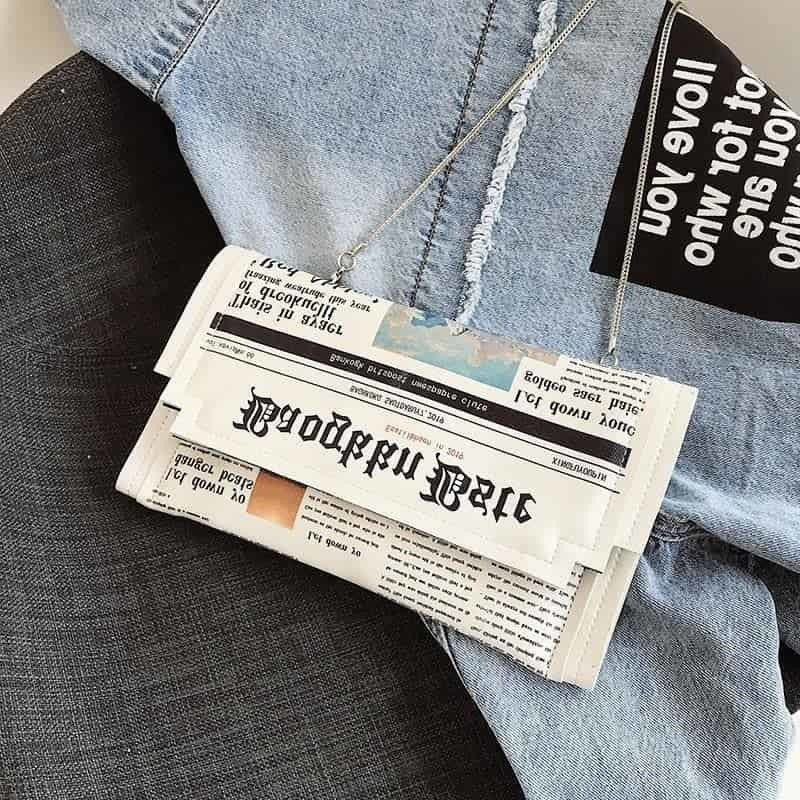 Newspaper, Letter Printing PU Leather Chain Shoulder Bag