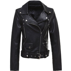 Black Solid Color Motorcycle PU Leather Jacket