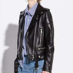 Black Solid Color Motorcycle PU Leather Jacket