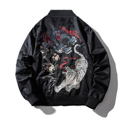 Dragon and Tiger Fight Embroidered Bomber Jacket
