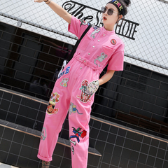 Pink Embroidery Sequined Denim Jumpsuit
