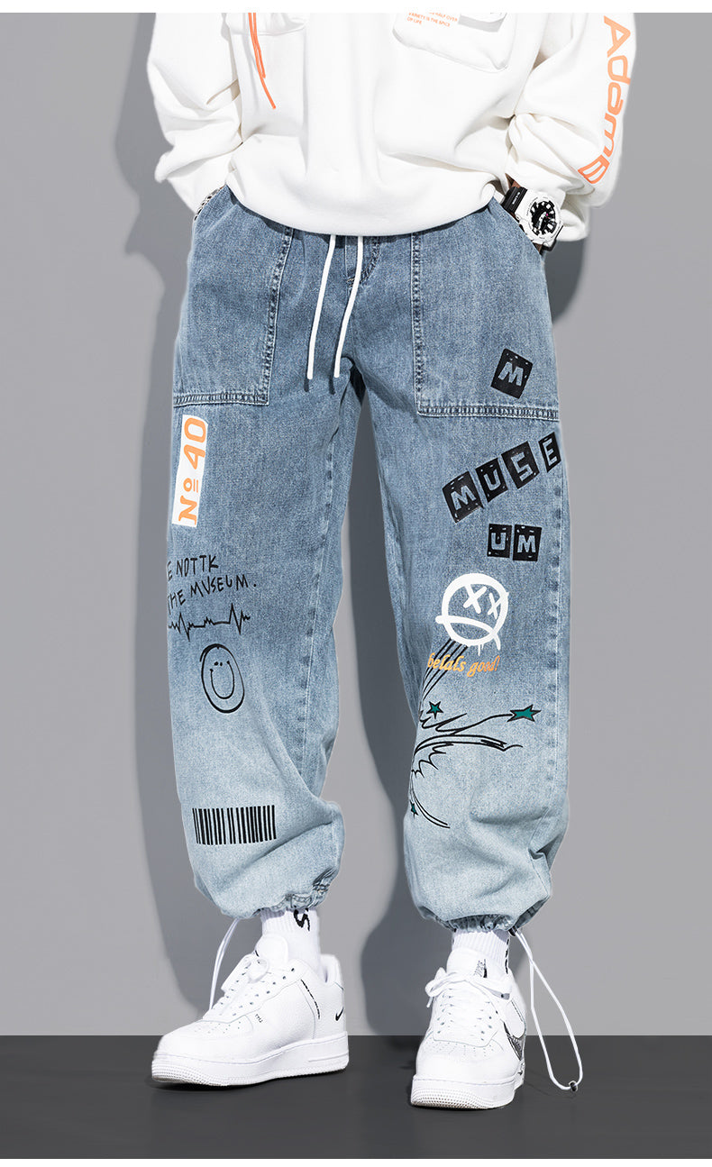 Cartoon Graffiti Drawstring Loose Straight Jeans