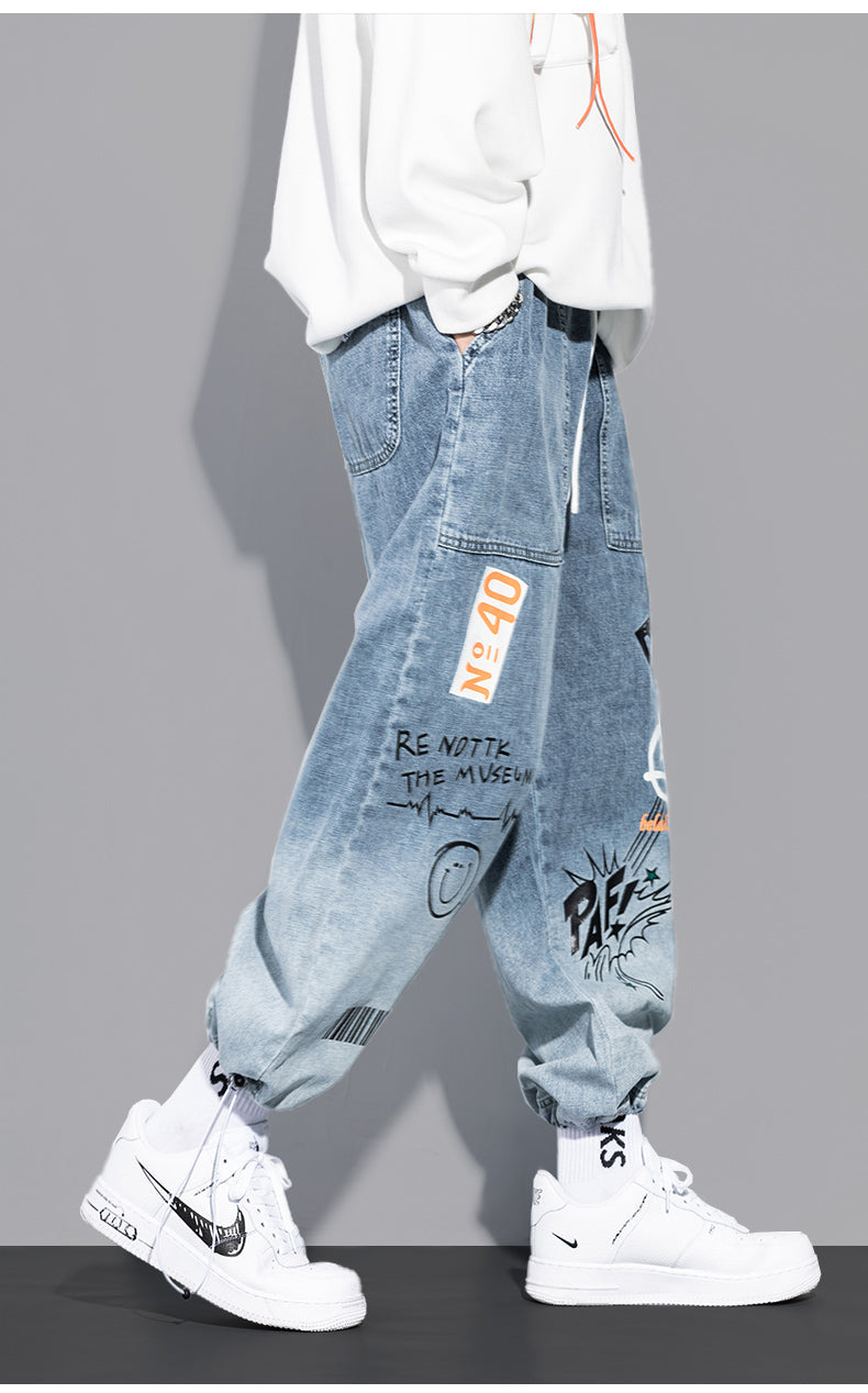 Cartoon Graffiti Drawstring Loose Straight Jeans