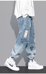 Cartoon Graffiti Drawstring Loose Straight Jeans