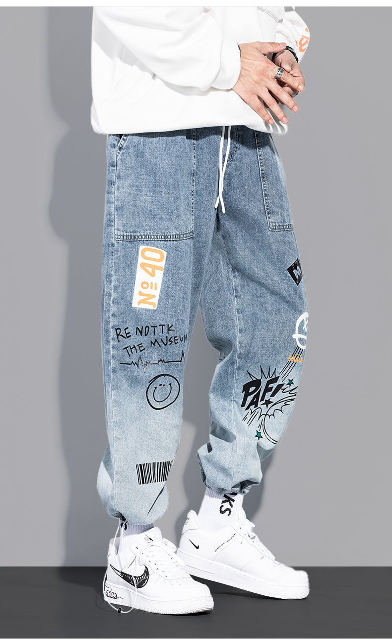 Cartoon Graffiti Drawstring Loose Straight Jeans