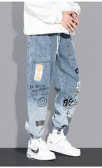 Cartoon Graffiti Drawstring Loose Straight Jeans