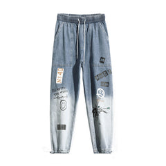 Cartoon Graffiti Drawstring Loose Straight Jeans