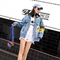 Sequin and Patch Printed Loose Denim Jacket