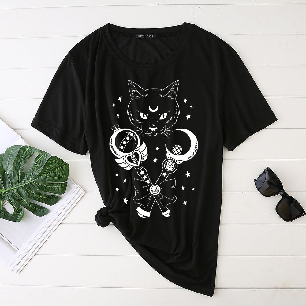 Cosmic Cat Crescent Moon T-shirt