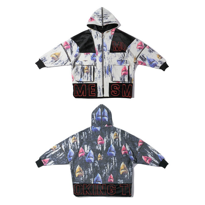 Shark printed zip hat coat