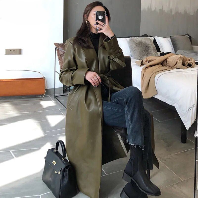 Oversized PU Leather Trench Coat