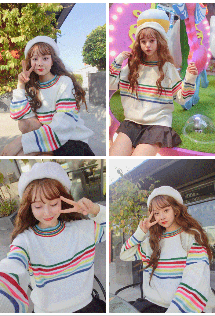 Cute Rainbow Striped Print Knit Sweater