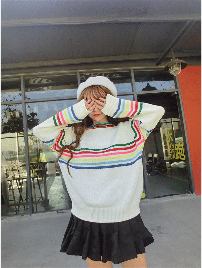 Cute Rainbow Striped Print Knit Sweater